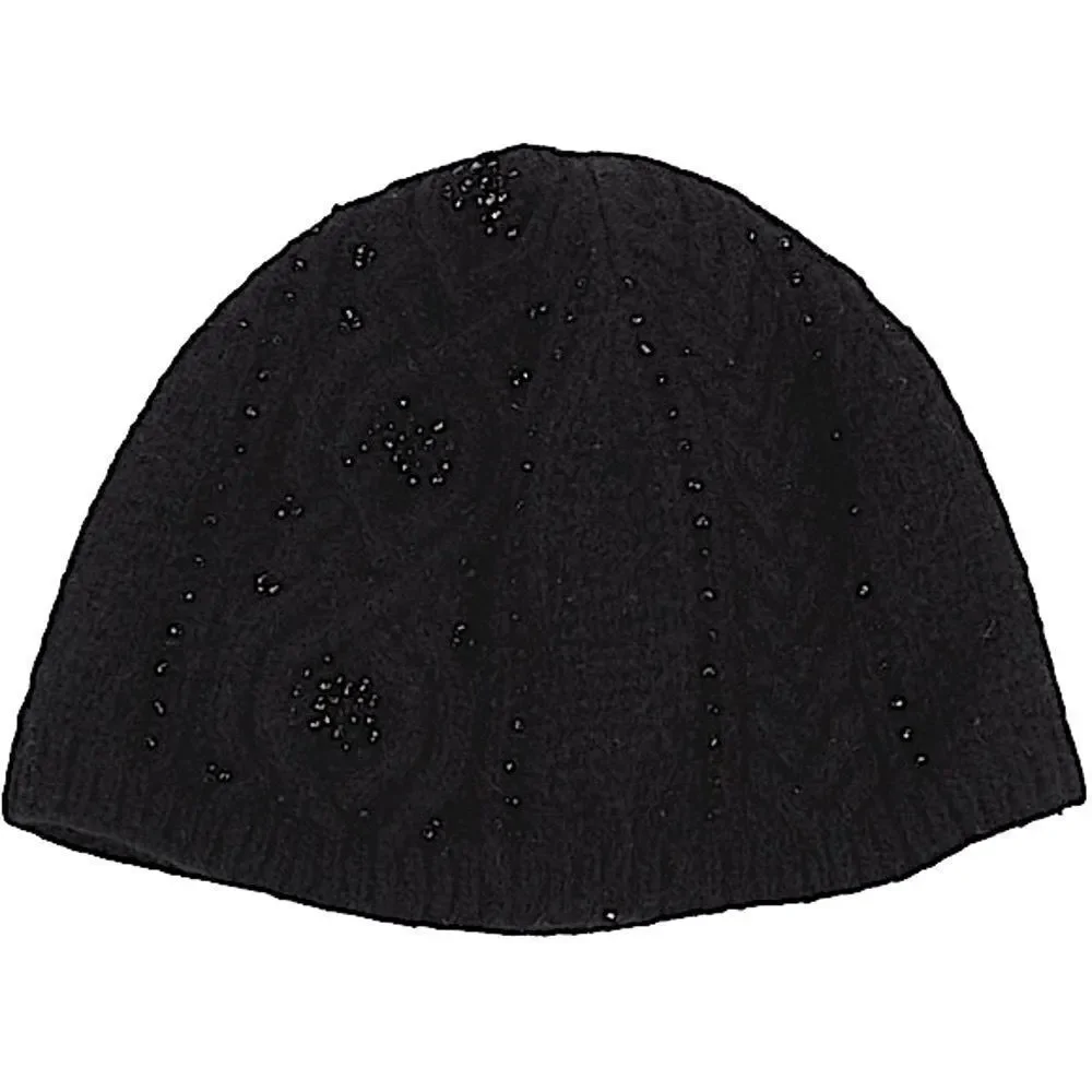 Ralph Lauren Black Cashmere Blend Jet Hematite Beaded Cable Knit Beanie